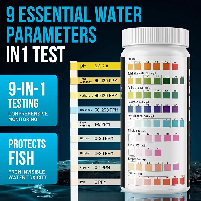 9-In-1 Aquarium Test Strips – 100 Strips for Freshwater & Saltwater | Tests pH, Nitrate, Nitrite, Hardness, Chlorine, Copper, Iron, Carbonate & Alkalinity | Fast Results for Fish Tank & Reef Aquariums