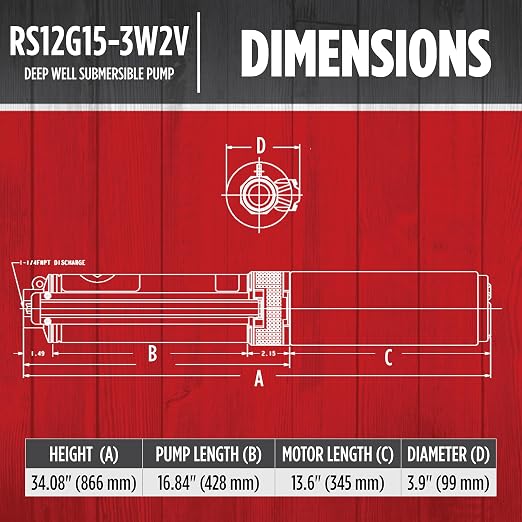 Red Lion RS12G15-3W2V Submersible Well Pump, 1.5 HP, 3-Wire, 230V, 12 GPM | Fits 4" wells, Dependable performance for depths to 360', Steel case/ steel discharge, Control Box Sold Separately, 14942380