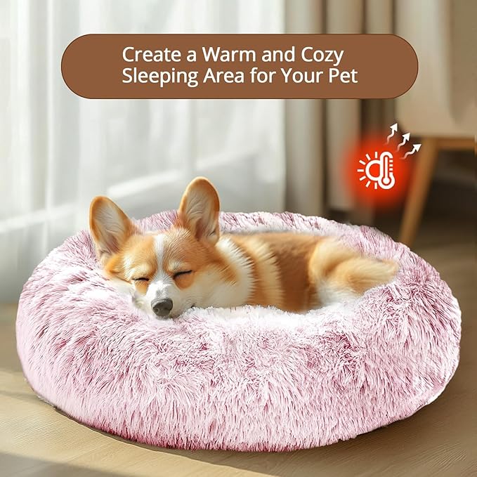 JOLLYVOGUE Calming Small Dog & Cat Bed for Indoor Cats - 20 inches Washable Donut Bed for Kittens & Puppies, Anti-Anxiety Round Fluffy Plush Pet Beds (Fits up to 15 lbs, Smoke Pink)
