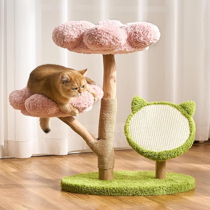 Aesthetic Flower Cat Tree Tower with Scratching Post for Indoor Cats, 30" H Modern Cat Tree with Natural Solid Wood Branch, Fluffy Cat Beds Removable & Large Scratching Board, Creamy White