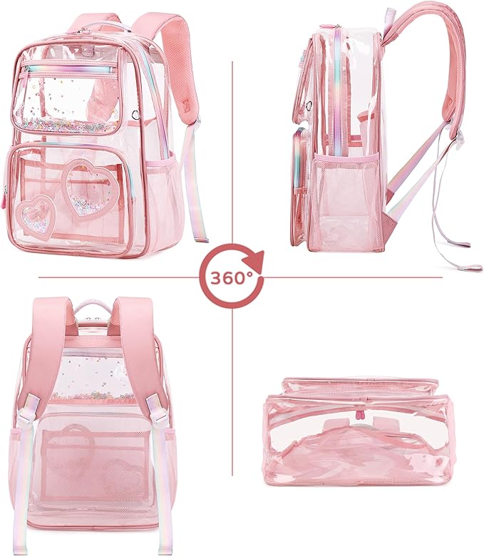 Clear Backpack for Girls,Clear Bookbag Heavy Duty Transparent Backpacks for Stadium Events, See Through Back Pack for Kindergarten Elementary Middle High School (Pink)