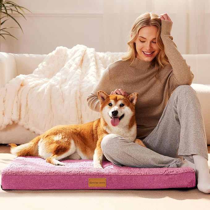 Patas Lague Orthopedic XL Dog Bed Large Sized Dog 42''X28'', Soft Waterproof Egg Crate Foam Large Pet Crate Beds Mat with Removable Washable Cover and Non-Slip Bottom, Pink