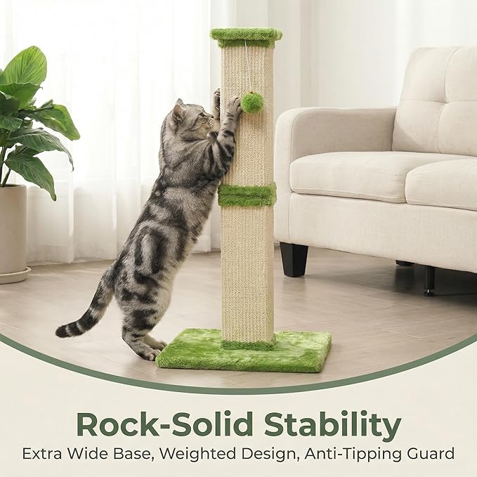 32" Tall Cat Scratching Post, Cat Scratcher with Heavy Duty Thick Wood Base, Cat Tower with Natural Sisal Rope and Hanging Ball, Plant-Like Design Scratching Post, for Small and Adult Kittens, Green