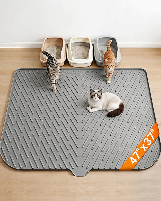 Cat Litter Box Mat, 47" x 37" Extra Large Cat Litter Mat, Silicone Waterproof Litter Trapping Mat for Scatter Control Soft on Kitty Paws Non-Slip Easy to Clean（Grey)
