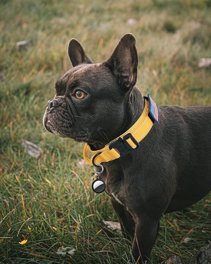 AUBELL Reflective Tactical Dog Collar,Adjustable Military Heavy Duty K9 Collars with Handle and Quick Release Metal Buckle Great for Extra Large Dogs, with Airtag Case and 2 Patches (Yellow,XL)