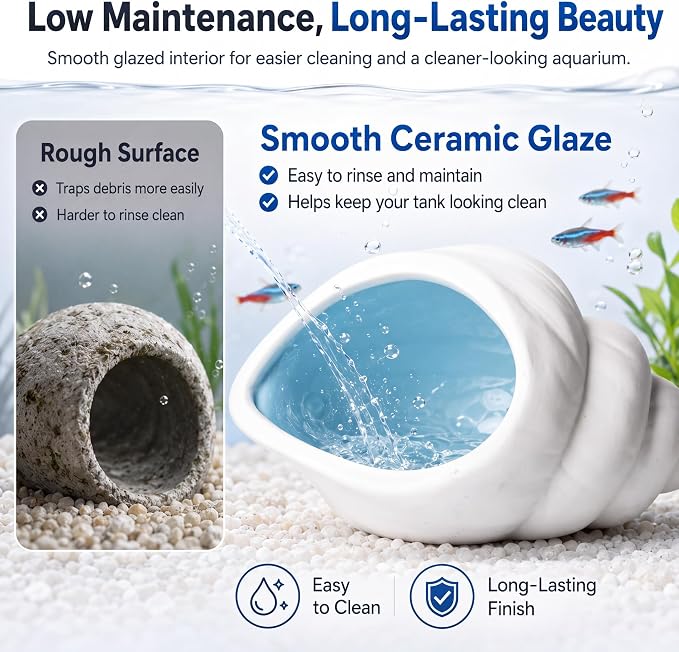 Ceramic Aquarium Cave, White Conch Shell Betta Fish Tank Decor | Smooth Glaze and Rounded Edges Create a Roomy Hideout for Betta Fish, Shrimp, Pleco and Dwarf Cichlids; 5.91 x 3.74 x 3.35 in