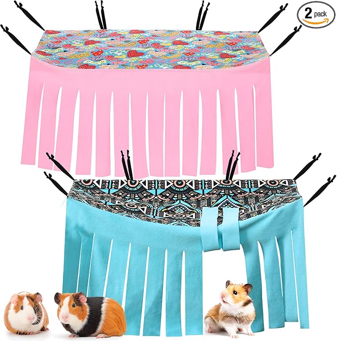 Shappy 2 Pcs Guinea Pig Hideout 27 x 14 Inch Large Size Hideaway Corner Fleece Toy Cage Accessories Cute Hammock for Ferrets Chinchillas Hedgehogs Small Pets (Heart and Geometry Pattern)