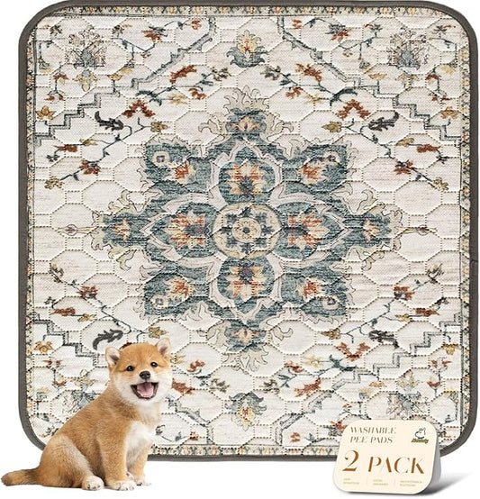 nunubaby Washable Pee Pads for Dogs, Stylish, Non-Slip and Leak-Proof Pee Pads. Reusable Potty Pads for Dogs for Crates and Floors.(Beige/Floral, 48" x48" )