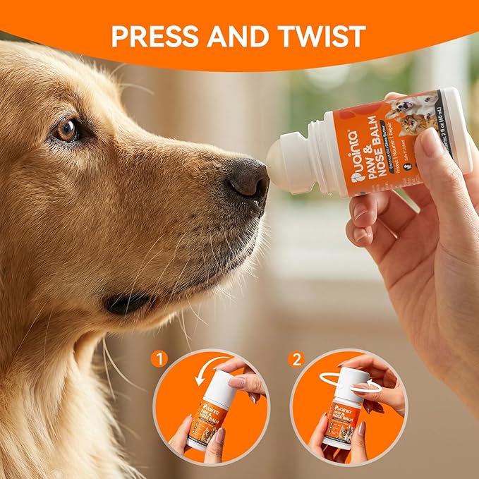 PUAINTA Lick-Safe Dog Paw & Nose Balm with Mess-Free Roller Ball - Safety Cap, Fast-Absorbing Protector for Winter Snow, Salt & Hot Pavement - Unscented Snout Soother - 2oz