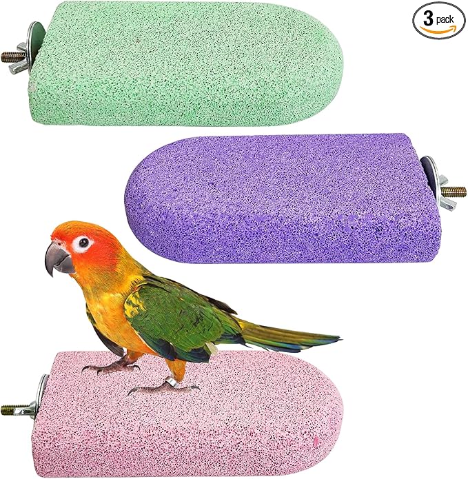 PINVNBY 3 PCS Bird Perches Calcium Parrot Perch Stand Bird Beak Grinding Stone Foot Claws Trimmer Multiple Colors Parakeets Chewing Toys Bird Cage Accessories for Budgie Cockatiel Conure Lovebird
