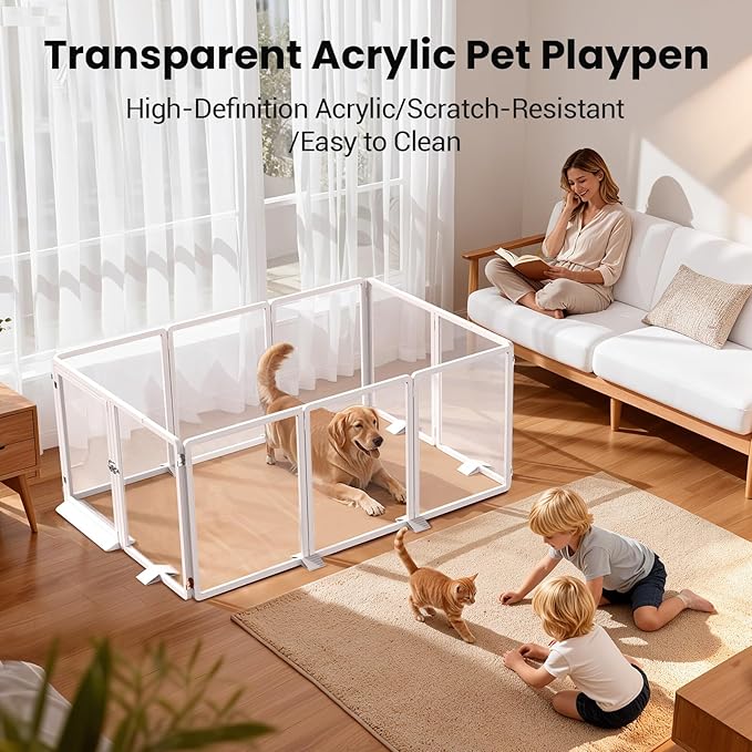 25.6”H Clear Dog Playpen Indoor, Thick Plastic Puppy Pet playpen with Lock Door, Foldable Transparent Dog Fence Enclosure for Small Medium Cat Rabbit Whelping, 10 Panel