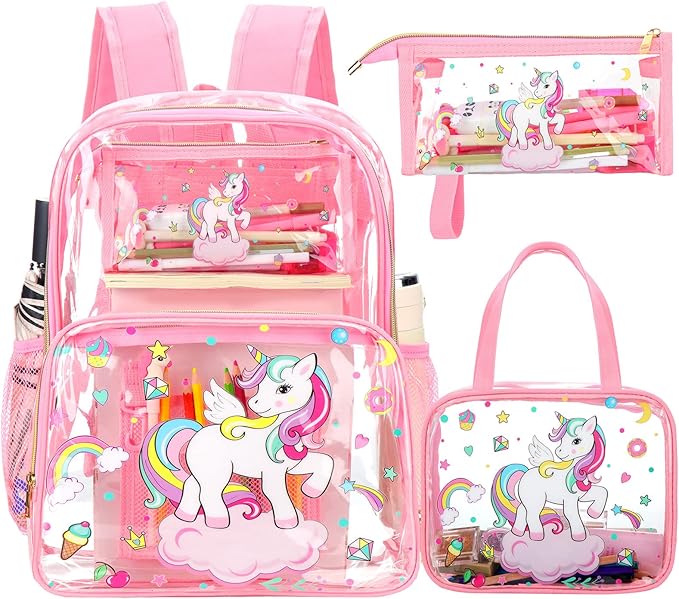 Kacctyen 3 Pcs Clear Backpack Heavy Duty Clear Stadium Bag Transparent Backpack with Lunch Bag(Pink,Rainbow, Unicorn)