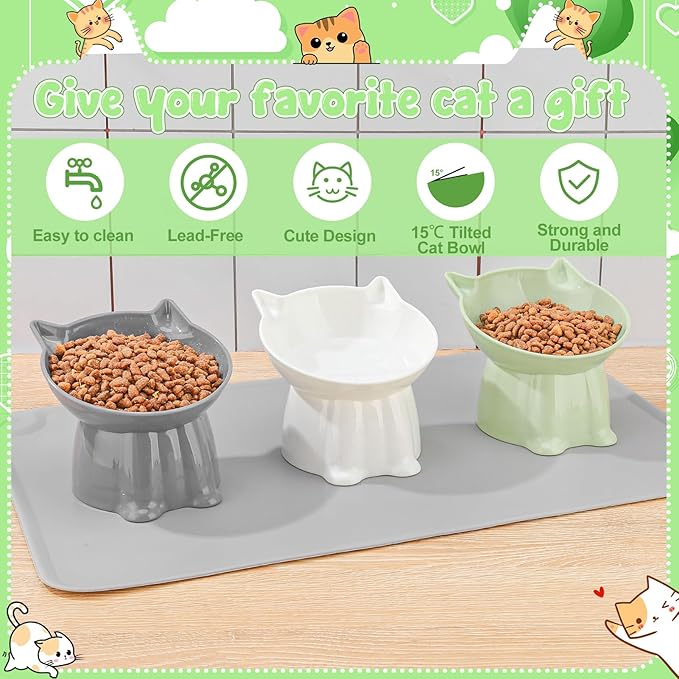 3 Pcs Elevated Cat Bowls 15°Raised Cat Food Bowl with Silicone Mat Whisker Friendly Anti Vomiting Cats Dishes Pet Food and Water Bowls for Indoor Cats Kittens Classic 3 Colors