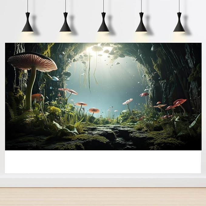 Aquarium Background Foggy Stone Mushroom Moss Aquarium Backdrop Mysterious Green Plants Cave Scenery Aquarium Background Durable Reptile Habitat Terrarium Background Tank Backdrop Vinyl 48x18in