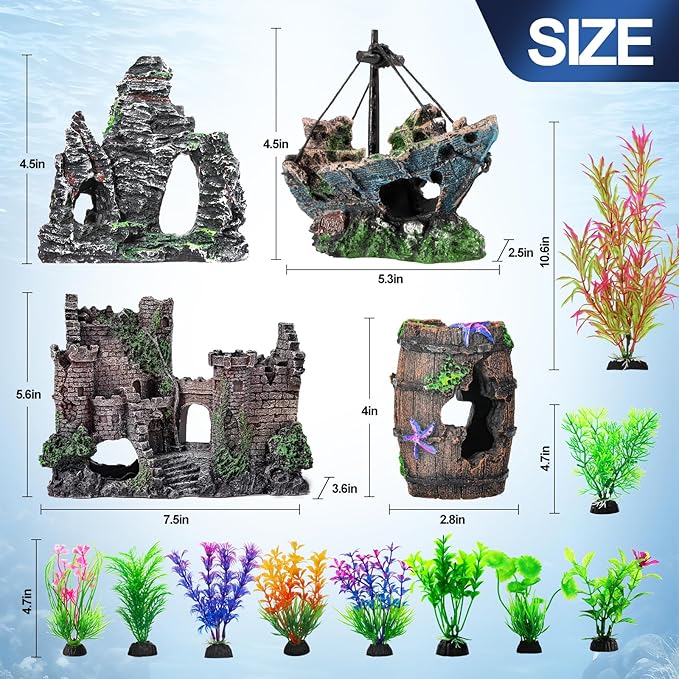 CousDUoBe 14 Pcs Aquarium Decorations Large Kit，Castle Fish Tank Bubbler Decorations，Starfish Barrel, Resin Cave Rock,Resin Material Sunken Ship,Aquarium Plants Large Fish Bowl Ornaments