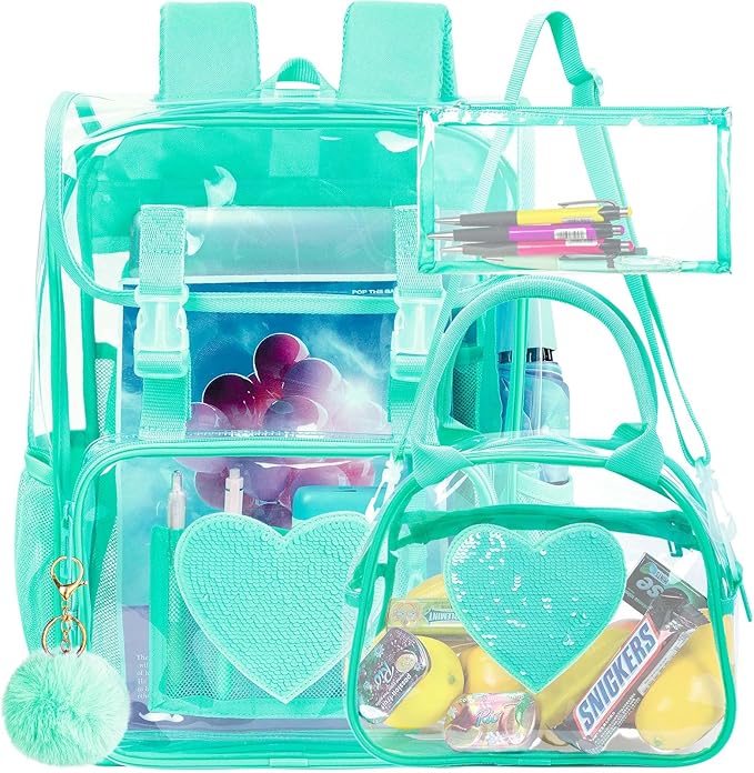 17" Sequin Clear Backpack for Girls - Sparkle Flip Design Stadium Approved 3Pcs Set, Transparent Bookbag for Concert/School (Green)