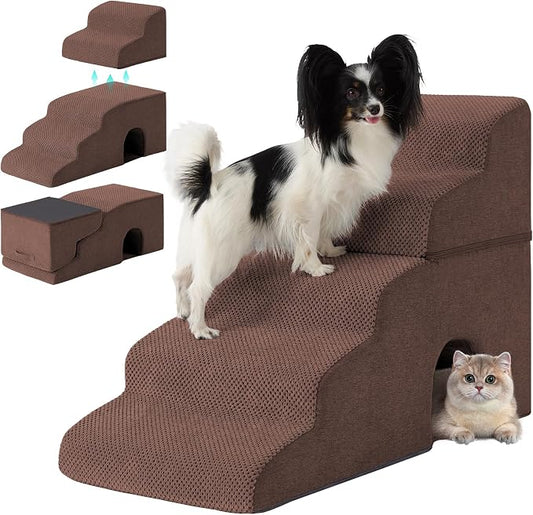 Dog Stairs for Bed 23’’ H, 5-Step Dog Steps for High Bed, Foldable Pet Stairs for Small Dogs and Cats to Get on Beds, Couch, Non-Slip Balanced Pet Steps and Ramp with Waterproof Cover, Brown