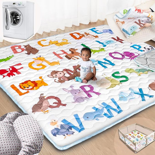 Baby Play Mat, 71x79 Mat with Super Soft Touch, Activity Mat with Upgraded Anti-Slip Bottom, Machine Washable Crawling Mat for Floor & Picnic(Animal Alphabets)