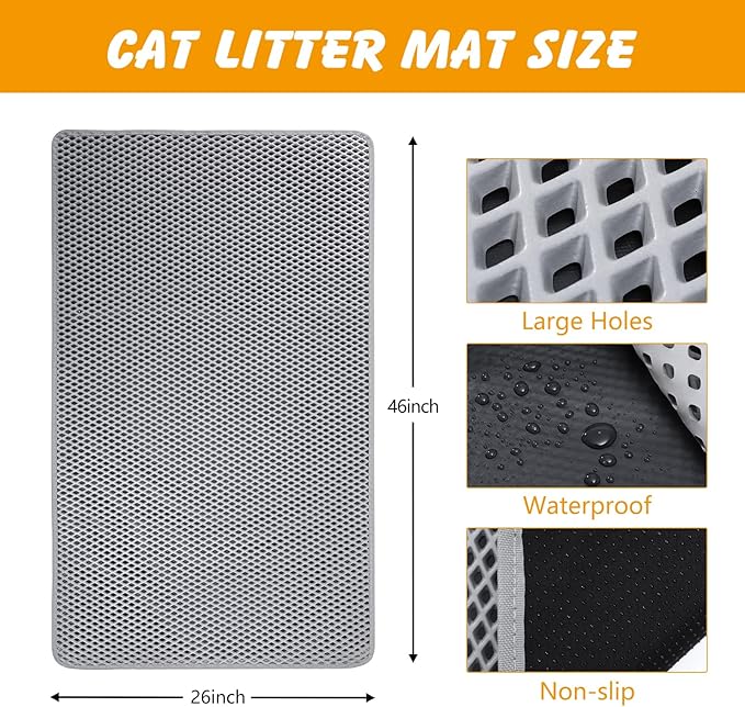 Large Cat Litter Mat for Multiple Cats, 46x26 Inch Double Layer Waterproof Litters Box Mat, Non-Slip Cat Mat for Litter Box