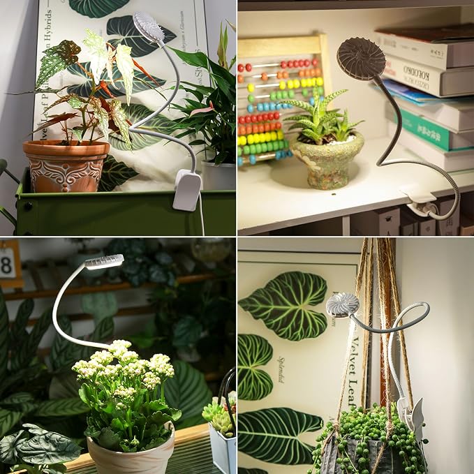 Mini Grow Light for Indoor Plants, 12W Clip-On LED, White | 4000K Full Spectrum, Flexible Gooseneck, 3/6/12H Timer, 4 Dimmable Levels