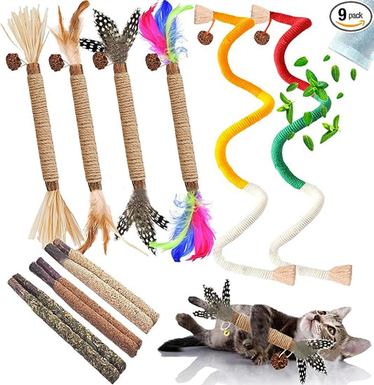 Cat Toys 12Pcs Catnip Toys for Indoor Kitten Cat Silvervine Chew Molar Scratch Cotton Rope Cleaning Teeth Dental Stick Treat Kitty Self Play Kick