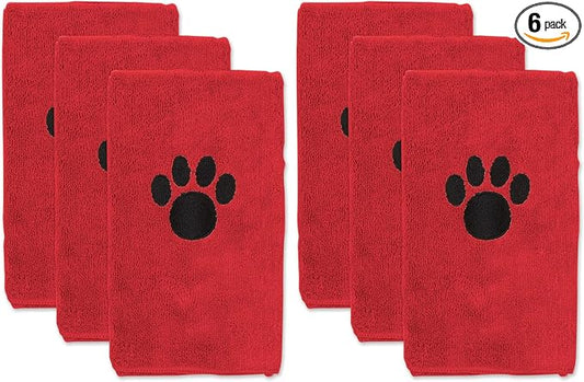 Bone Dry Pet Grooming Towel Collection Embroidered Absorbent Microfiber Drying Set, 15x30, Red, 3 Count (Pack of 2)