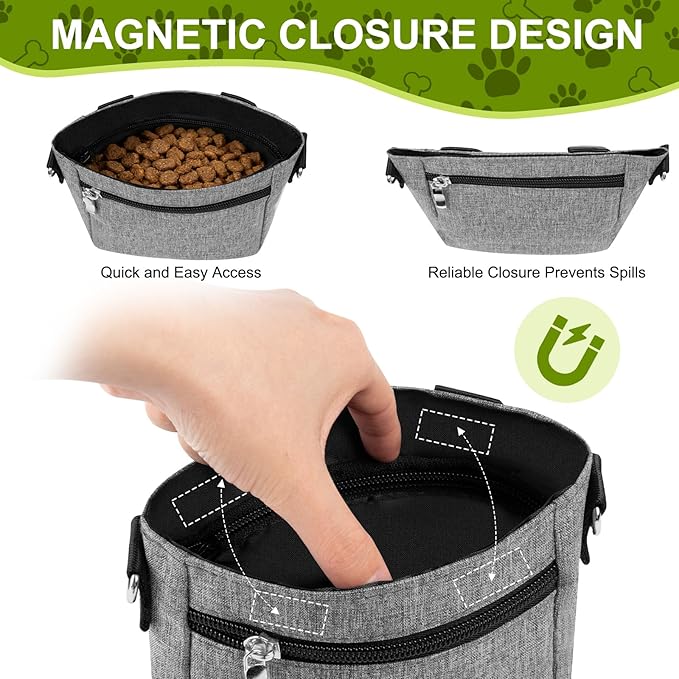 Dog Treat Pouch with Magnetic Closure - 3 Ways to Wear Dog Training Treat Bag with Waist Belt, Shoulder Strap & Metal Clip, Built-in Poop Bag Dispenser, Hands-Free Dog Training Treat Pouch