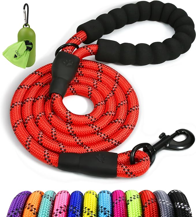 Taglory Rope Dog Leash 6 FT with Comfortable Padded Handle, Highly Reflective Threads Leash and Anti-Tangle Clip for Walking Medium Large Dogs, 1/2 inch, Red