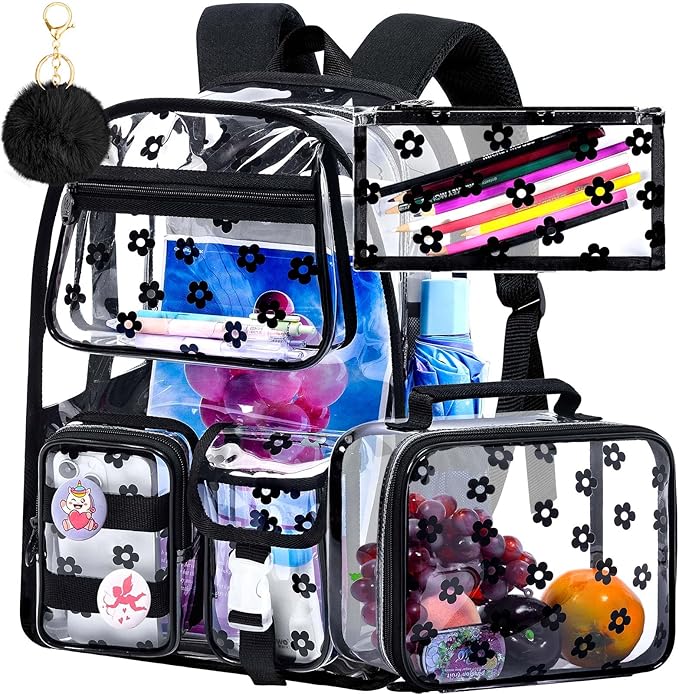 CCJPX 3Pcs Clear Backpack for Girls, School Transparent Bookbag, Heavy Duty See Through Backpacks for Teens Elementary