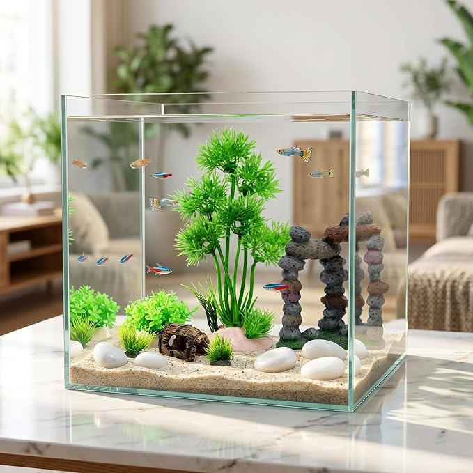 Fish Tank Decorations Artificial Small Resin Hideout Cave Plants | Resin hideout cave for fish tank decor, 6pcs aquarium decoration with lifelike plants, reduce stress for small tropical fish