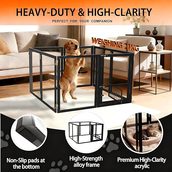 Acrylic Dog Playpen with Door, 27.5“ Height, Heavy Duty Clear Pet Pen, Dog Fence Crate Kennel Whelping Cage, Ideal for Small to Medium Dogs, Cats, and Other Small Pets (Black)