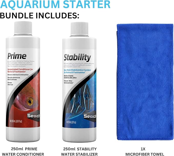 PRlME 250ml, STABlLlTY 250ml for Fresh and Marine Aquariums Including Microfiber Cleaning Cloth(STABlLlTY Fish Tank Stabilizer, PRlME Water Conditioner)