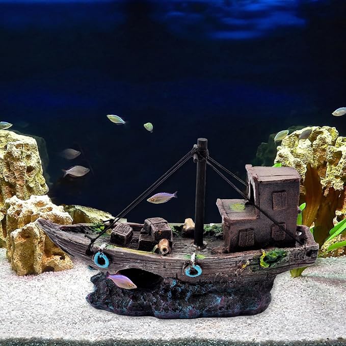 kathson Aquarium Shipwreck Decor Fish Tank Sunken Ship Ornament Pirate Shipwreck Decoration Resin Sunken Boat Betta Fish Sunken Ships Accessories for Freshwater Saltwater Tanks, Dark Brown