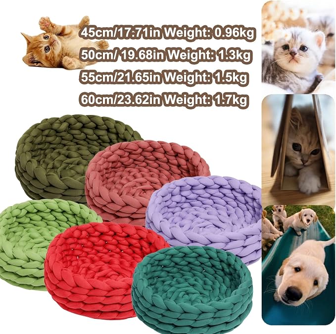 Woven Dog Bed Basket, Knitted Cotton Cat Bed Round Washable Woven Cat Pet Bed Chunky Dog Basket, Orthopedic, Chunky Knit Dog Nest,Dog Bed,Dog Cave,Dog Bedding(Green 1,17")