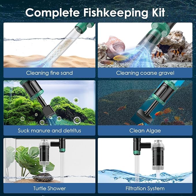 AKKEE Aquarium Vacuum Gravel Cleaner, 36W Electric Fish Tank Cleaner Vacuum, 8 in 1 Multifunctional Aquarium Cleaner for Automatic Water Change, Wash Sand, Water Circulation and Timed Off