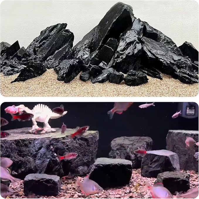 Unocho Aquarium Rocks 10lb Fish Tank Stones Black Rocks for Aquarium Aquascaping Fish Tank Decoration Reptile Basking Platforms Paludarium Bonsai Vivariums(3"-7"-7pcs)