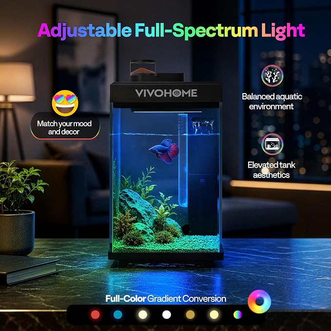 VIVOHOME 2 Gallon Smart Fish Tank with APP Control and Auto Feeder | Aquarium Starter Kit with Filter and Pump, Temperature Display, RGB LED Light, Desktop Nano Aquascape Tank for Shrimp, Betta