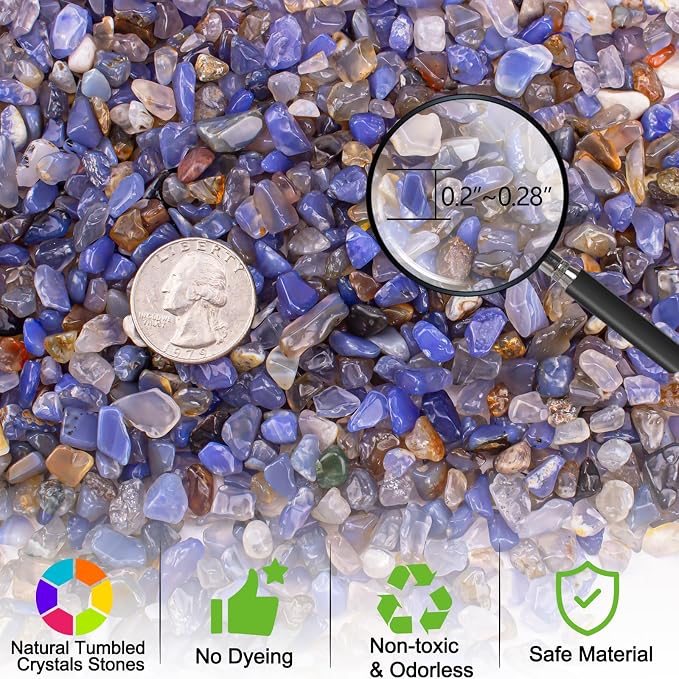 3 Lb Blue Agate Polished Tumbled Stones Chips, Aquarium Gravel Rocks Natural Decorative Pebbles Marbles for Aquarium, Vase Fillers, Succulent Plants Decor