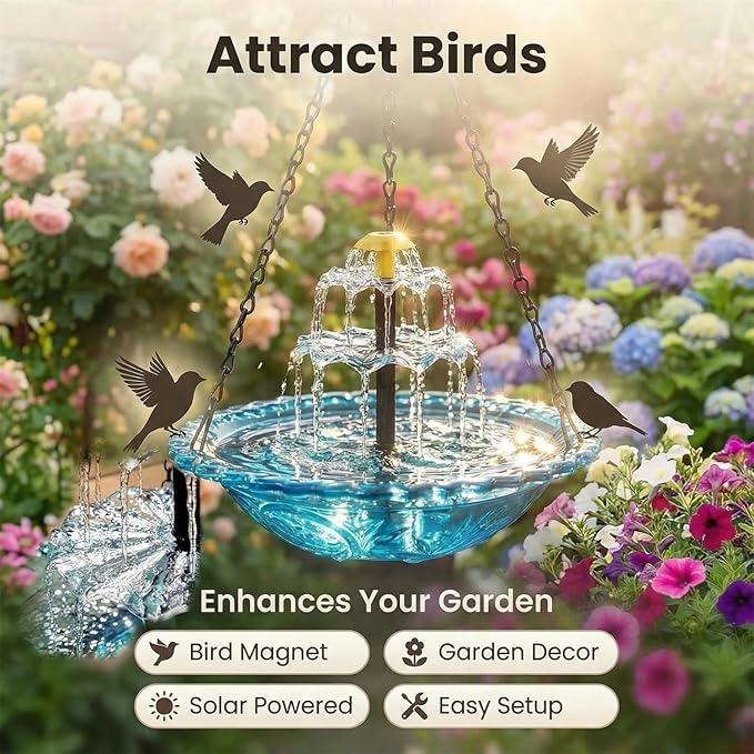 2026 Solar Cascade Hanging Bird Bath Fountain - 3 Layers Outdoor Water Feature for Hummingbirds, Easy-Clean 9.3" Glass Basin with Solar Powered Pump, Attract Wild Birds to Garden, Patio (Orange)
