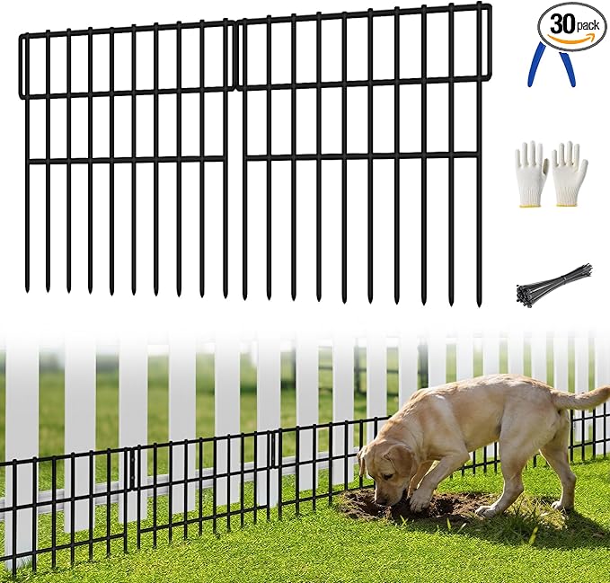 ULIOK 30 Panels Garden Fence Animal Barrier, Animal Barrier Fences No Dig Fence, 42.5ft(L) x 13in(H) Dog Fencing Rabbit Fences, 1.5in Spike Spacing Rustproof Metal Fences Border for Outdoor Yard