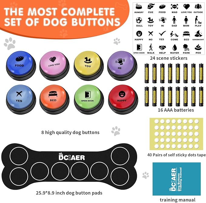 Dog Buttons for Communication,Talking Buttons for Dogs,8 Recordable Sound Buttons + 24 Scene Patterns + 1 Dog Button Mat+ 16 AAA Batteries，30 Seconds Dog Buttons for Pet Sound Training Toy
