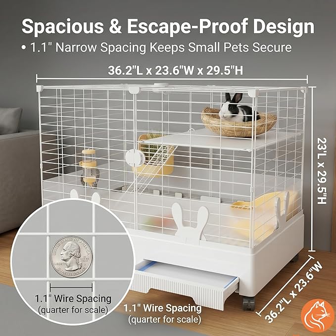 Oneluck Rabbit Cage Indoor,Loft Bunny Hutch with Urine-Proof Wall,Leak-Proof Trays, Wheels 28.7" L x 18.1" W x 25.6" H for Rabbits Chinchillas, Guinea Pig and Small Animal (Small)