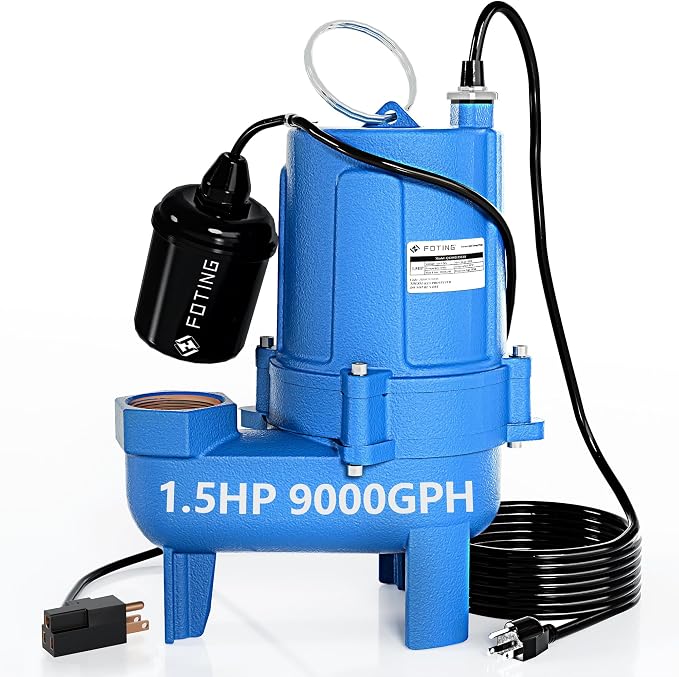 FOTING 1.5HP 9000GPH Sump Pump Submersible Sewage/Effluent Pump | Heavy Duty Cast Iron Automatic/Manual, 2'' NPT Discharge Septic Pump for Sump Basin/Residential/Sewage/Basement, Blue