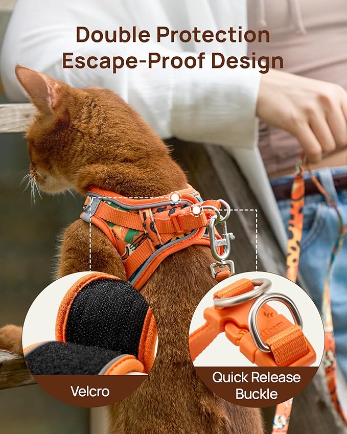 PetThem Upgraded Cat Harness and Leash Set - Step-in Escape Proof Adjustable Cat Harness, Comfortable Soft Lightweight, Reflective Harness for Walking, Travel, Camping (King of The Jungle, L)