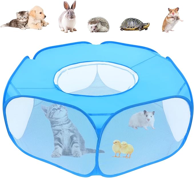 Small Animal Playpens with Top Cover, Foldable Breathable Small Pets Cage Tent Outdoor Indoor Portable Play Pen for Guinea Pig Hedgehog Hamster Cat Rabbit Bunny Puppy Ferret Rat Chicks (Blue)