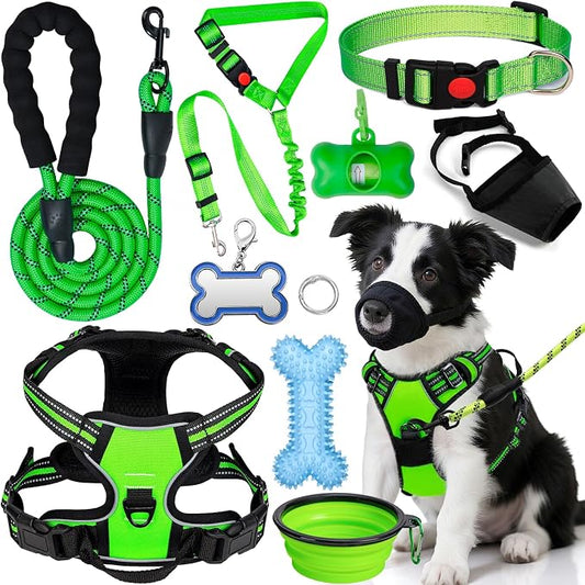 No Pull Dog Harness Adjustable Collar & Leash Set - Dog Halter Harnesses Collapsible Bowls & Poop Bag Dispenser Muzzle ID Tags Toys Fits Small Medium Large Dogs (Green-M)