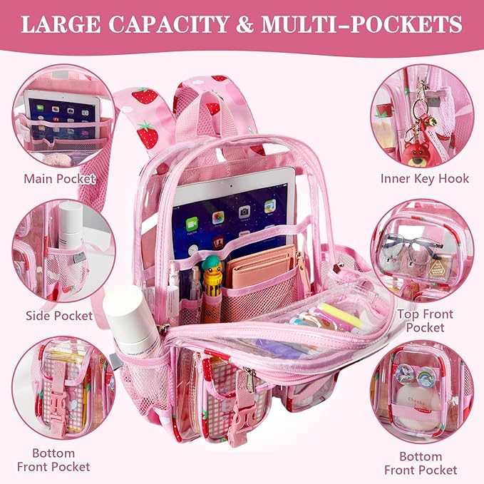 Mini Clear Backpack for Stadium Approved 12x6x12, Small Transparent Backpacks Plastic See Through Clear Bag for Kids Girls Women for Sporting Event, Concerts, Work, Festival (Strawberry)