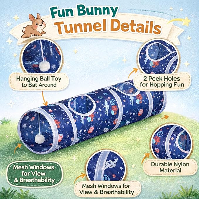 HERCOCCI Bunny Tunnel, Collapsible Rabbit Toys Hideout Tunnels & Tubes with Chew Toy Set for Guinea Pigs, Chinchillas, Ferrets and Small Pets