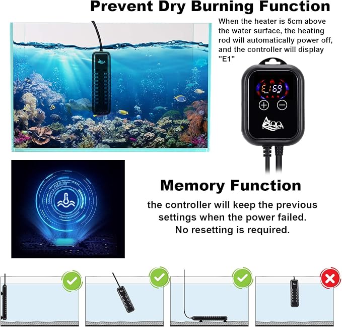 AQQA Submersible Aquarium Heater,100W/200W/300W/500W/800W/1000W/1200W | Fish Tank Heater,External Temperature Controller LED Temperature Display,Suitable for Saltwater and Freshwater(1000W)