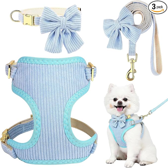 Small Dog Collar Harness and Leash Set, Dog Harness no Pull with Bowtie, Breathable Cotton Adjustable Pet Puppy Harness, Easy Walk Dog Harness, S(14–18.9")